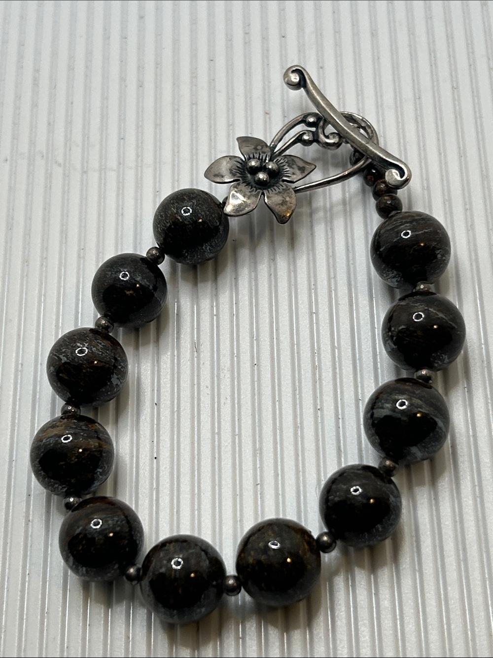 Silpada Bronzite Bead Bracelet Sterling Silver Flower Toggle Clasp